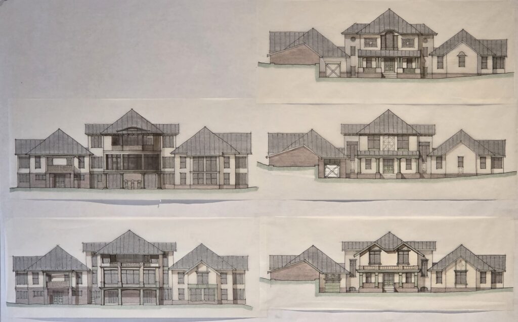 Architectural elevations of a residential project showing multiple gabled-roof houses with garages and balconies.