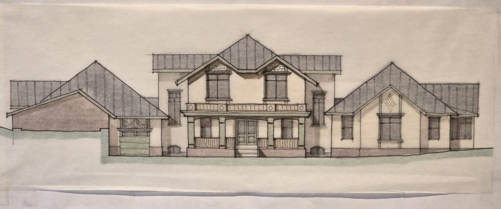 Hand-drawn architectural sketch of a large, multi-wing two-story house with a central front porch and gabled metal roofs.