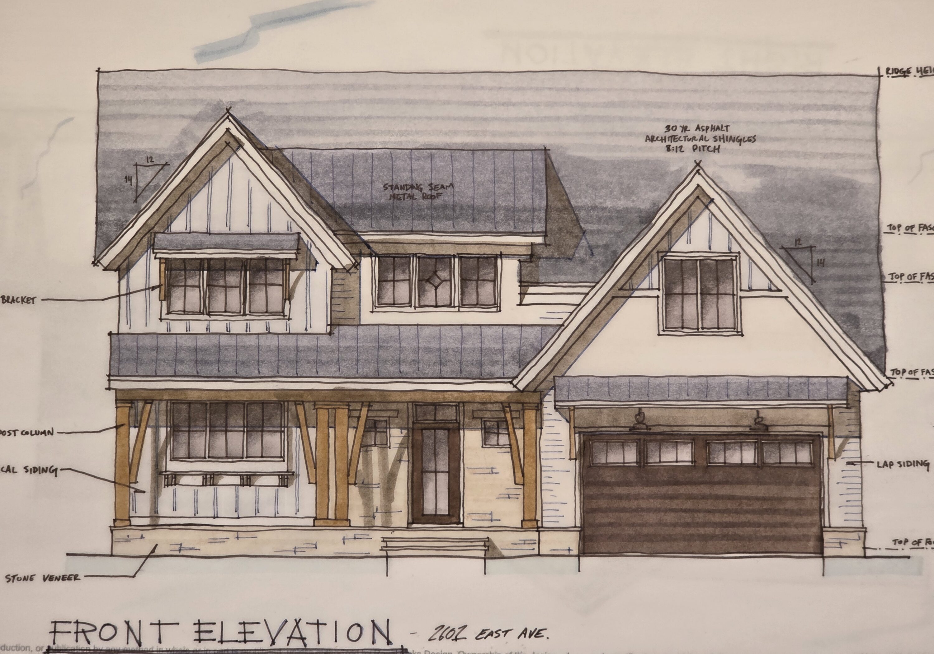 Architectural drawing of a two-story house front elevation with gabled roofs and large windows, showing materials and structure details.