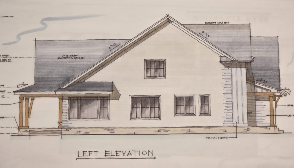 Architectural drawing of the left elevation of a house: a steep gabled roof, front porch with wooden posts, and multiple windows on the facade.