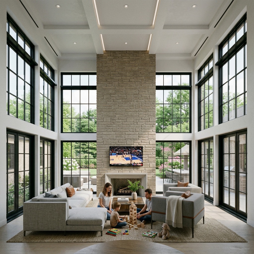 Bright, modern living room with a tall stone fireplace and large windows; family sits on a rug playing with blocks while a TV is mounted above the fireplace.