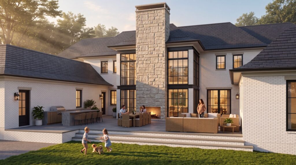 Modern white brick house with a stone chimney and a large outdoor living area; two kids play with a small dog on the lawn nearby.