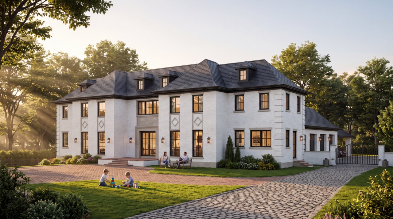Large white brick mansion with a dark roof, a cobblestone driveway, and a lawn where two children play as adults sit on the steps nearby.